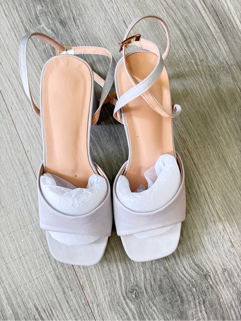 Azazie Pale Silver Square-Toe Strappy Block Heels